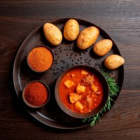 Gulaschssopas con decoración de patatas, tazones de especias y romero